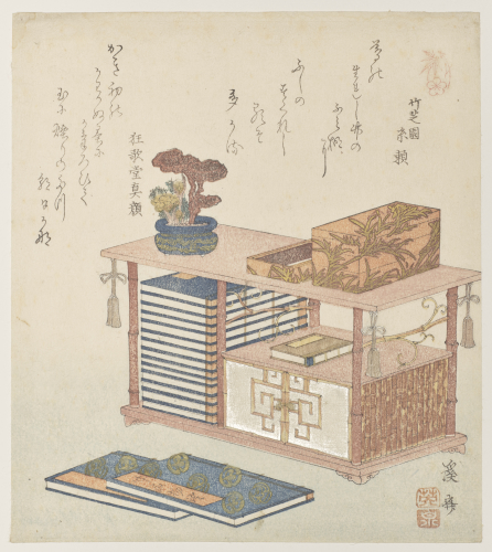 Keisai%20Eisen%2C%20%3Cb%3E%3Ci%3E%20Books%2C%20writing%20box%2C%20and%20potted%20adonis%20flower%20with%20decorative%20fungus%2C%20from%20an%20untitled%20series%20on%20the%20theme%20of%20%22Pine%2C%20Bamboo%2C%20and%20Plum%22%20%28Sh%26%23333%3Bchikubai%29%3C%2Fi%3E%3C%2Fb%3E%2C%201824%3B%20year%20of%20the%20monkey%2C%20color%20woodblock%20print%20with%20metallic%20pigments%20and%20embossing%20on%20paper%3B%20shikishiban%20surimono%2C%20The%20Mary%20Andrews%20Ladd%20Collection%2C%20public%20domain%2C%2032.643